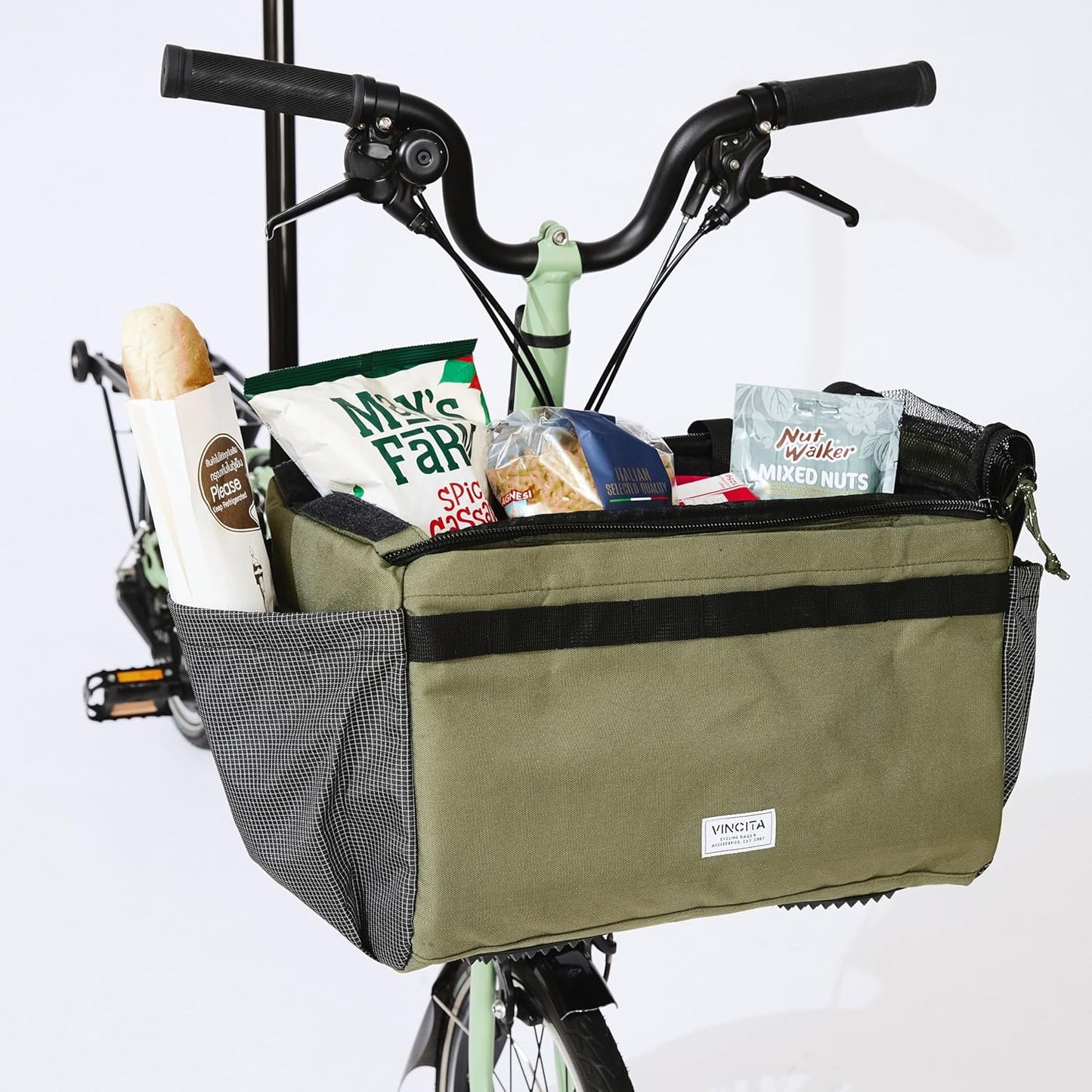 Vincita Caddy Pet Basket for Brompton Bike – Comfortable and Secure Carrier with Aluminum Frame, mesh Cover, Adjustable Strap, and Side Pockets. Compatible with Brompton Front Carrier Block. (Green)