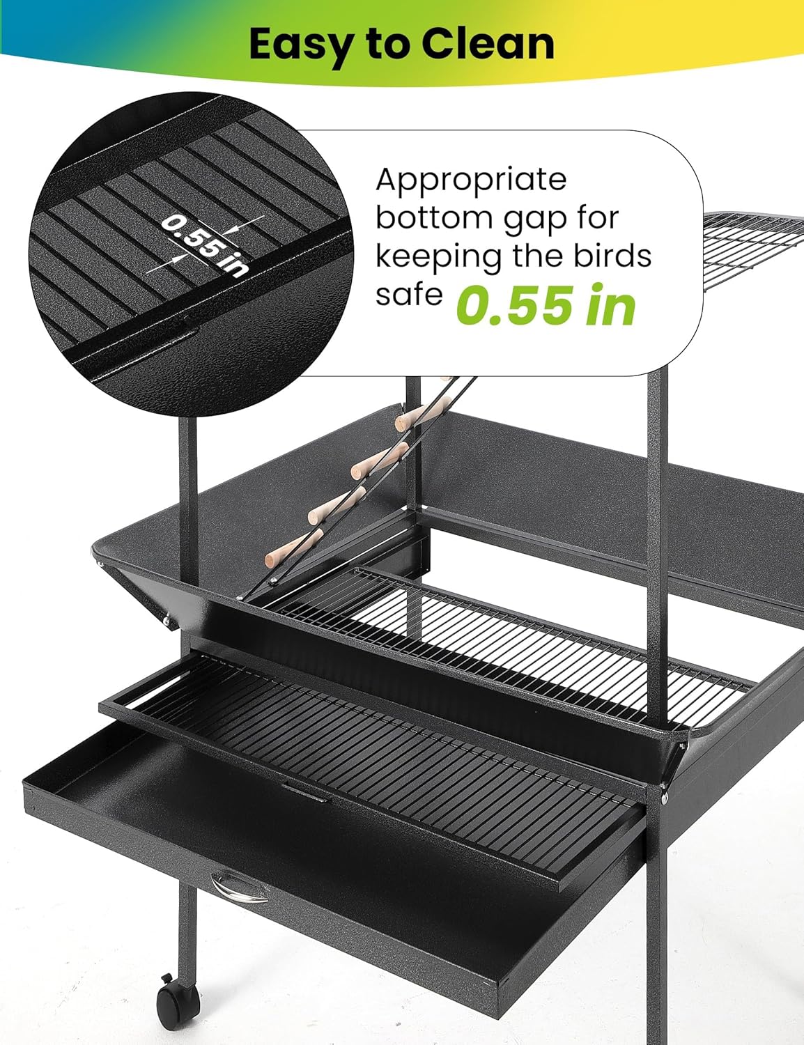 Pet Products Parrot Playstand with Wheels, Bird Cage Stand Activity Play Center with Perches and Ladders, Indoor Outdoor Playground for Birds, Durable Black Hammertone Finish