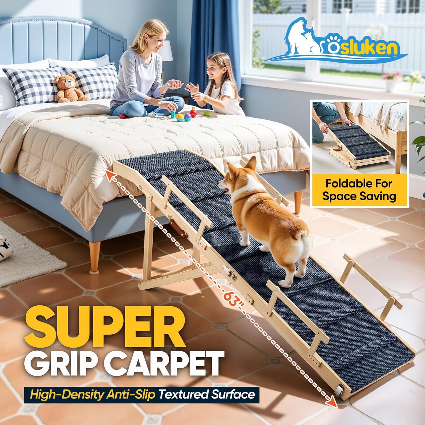 Dog Ramp for Bed with Rails, 64" Long Foldable Pet Ramp for Small Large Dogs, Dog Ramps for High Beds with Safety Side Railng, 6 Adjustable Heights 24" to 30" Up to 220LBS (Gray, 63" X 17inch)