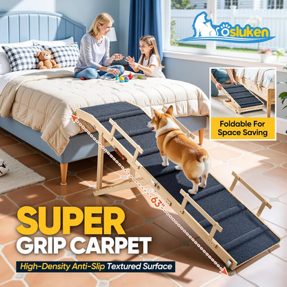 Dog Ramp for Bed with Rails, 64" Long Foldable Pet Ramp for Small Large Dogs, Dog Ramps for High Beds with Safety Side Railng, 6 Adjustable Heights 24" to 30" Up to 220LBS (Gray, 63" X 17inch)