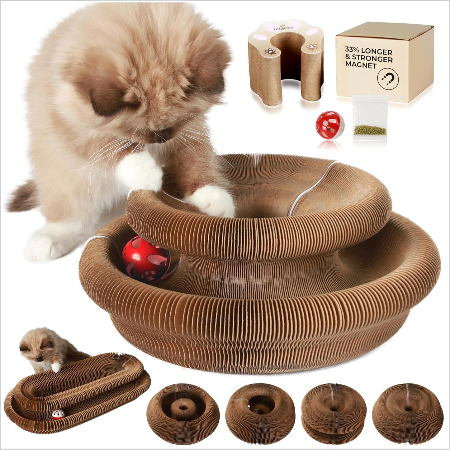 Magic Organ Cat Scratcher Board Toy with Bell Ball and Catnip - Longer, Stretchier Accordion Cardboard Scratching Pad with 4 Strong Magnets - Interactive Fun and Enrichment for Indoor Cats