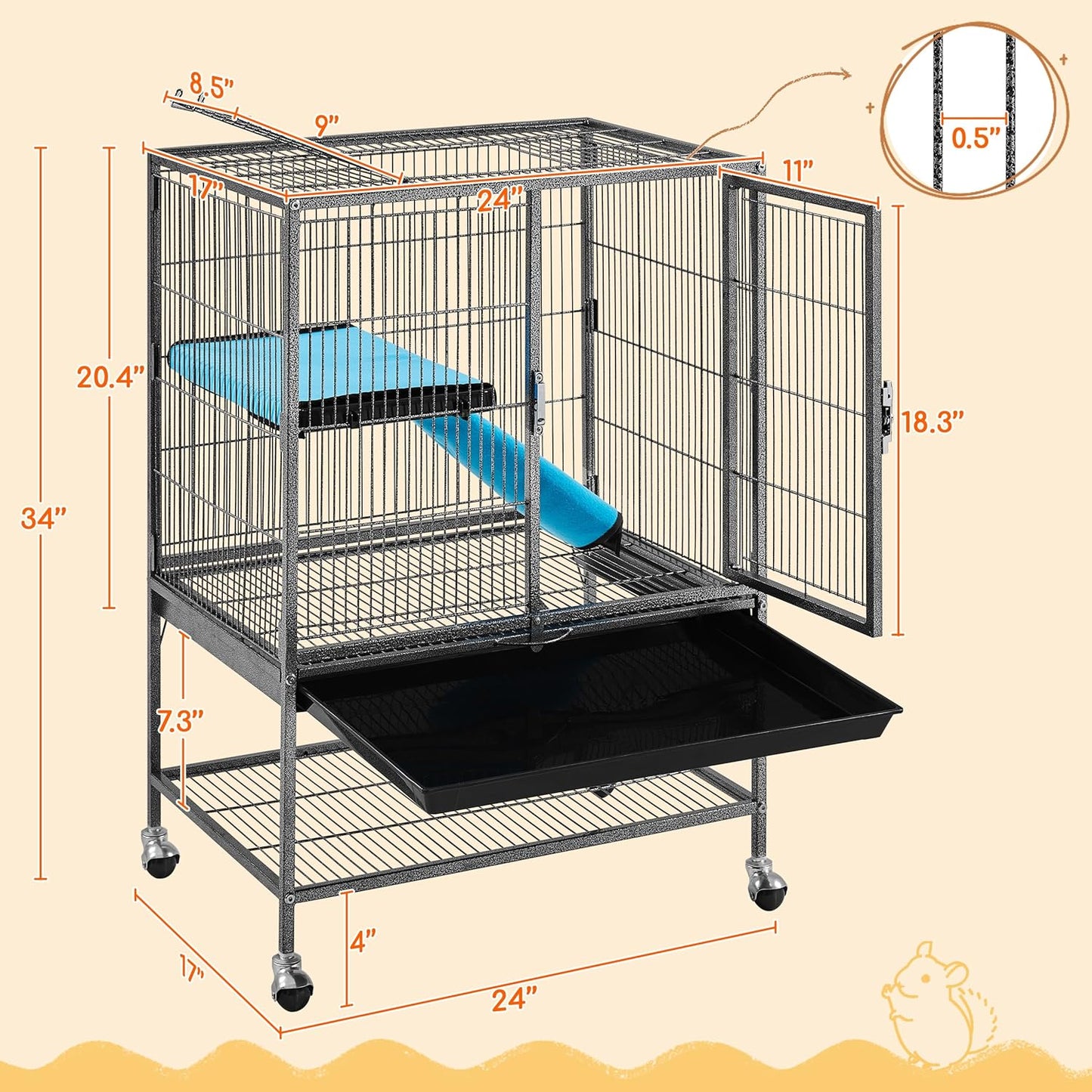 Yaheetech Metal Rolling Cage for Adult Rats/Ferrets/Chinchillas Small Animal Cage w/Removable Ramp & Platform Black