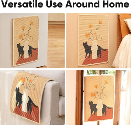 FUKUMARU Sisal Cat Scratching Mat, 23.6 x 15.7 Inch Natural Sisal Cat Scratch Pad Mats for Indoor Cats, Horizontal Cats Wall Scratcher Kitten Floor Rug with Sticky Tapes, Furniture Protector(Flower)