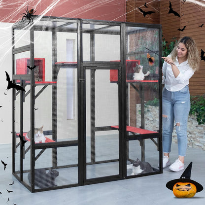 COZIWOW 70Inches Large Spacious Wooden Catio Outdoor Cat Enclosure with Perches and Condos, Cat Cage Indoor with Waterproof Roof, 7 Platforms & 2 Resting Box, UV Resistant (Gothic)