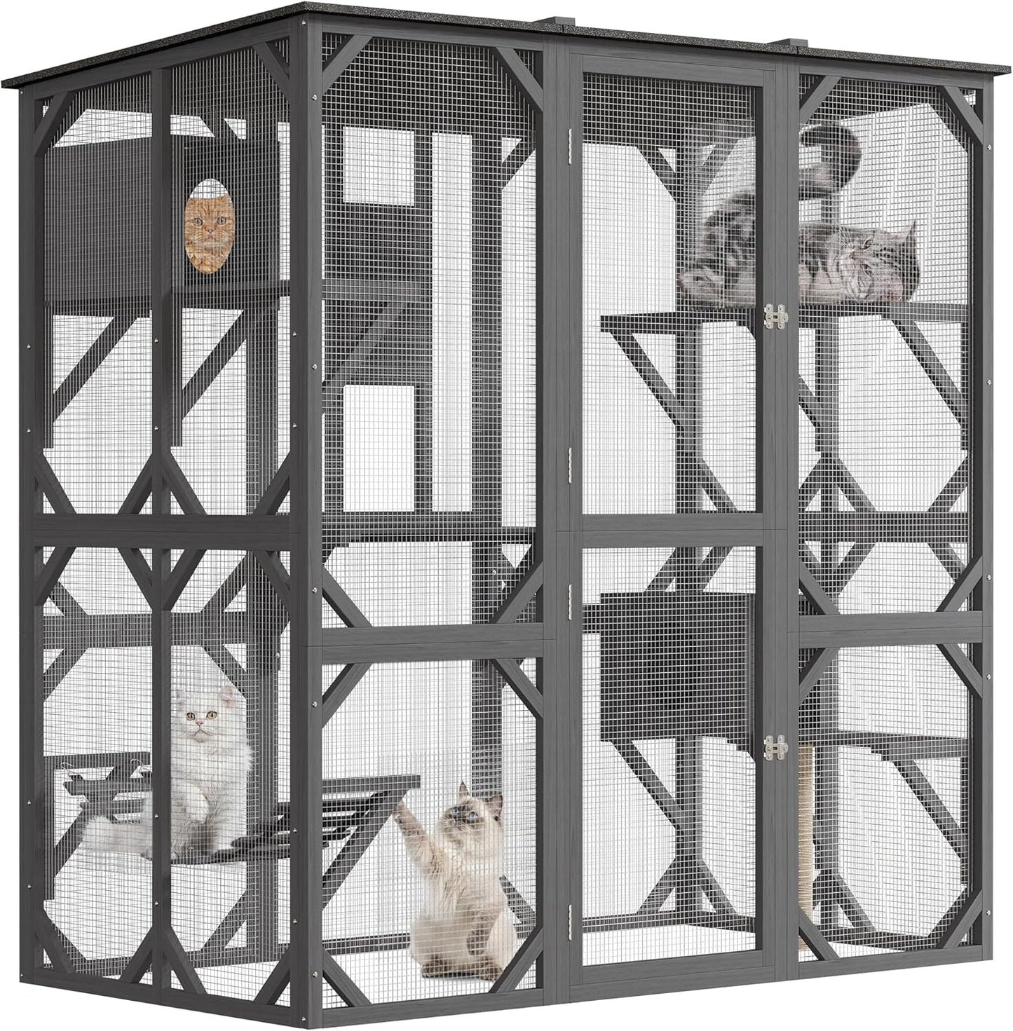 70 in Walk-in Catio with Window Access, Extra Large Outdoor Cat Enclosure for Multiple Cats, Waterproof Roof Cattery with Bridge and Scratching Post Outside Patio Cat Playpen Grey