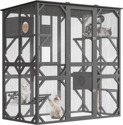 70 in Walk-in Catio with Window Access, Extra Large Outdoor Cat Enclosure for Multiple Cats, Waterproof Roof Cattery with Bridge and Scratching Post Outside Patio Cat Playpen Grey