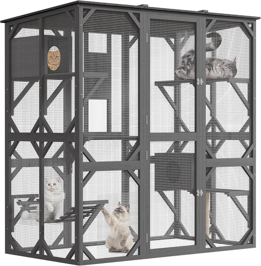 70 in Walk-in Catio with Window Access, Extra Large Outdoor Cat Enclosure for Multiple Cats, Waterproof Roof Cattery with Bridge and Scratching Post Outside Patio Cat Playpen Grey