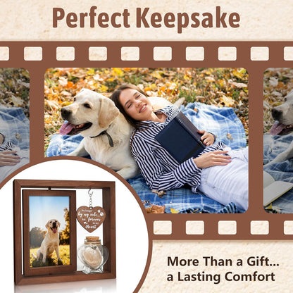 Dog Memorial Gifts for Loss of Pet - Rotating Wooden Frame for 4x6 Photo & Fur Hair Jar - Sympathy Gift for Pet Bereavement, Remembrance Keepsake - Rainbow Bridge Gift for Dog Lovers