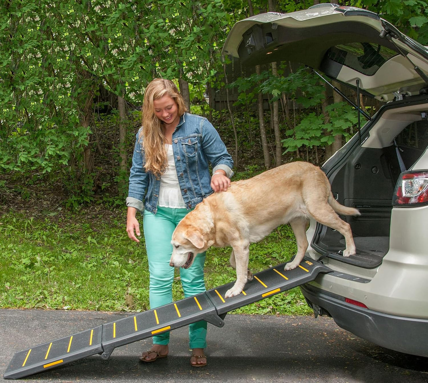 Pet Gear Tri-Fold Portable Pet Ramp for Dogs and Cats, 71" Long, Extra Wide, Holds up to 200lbs, Patented Design, Compact/Easy Fold with Safety Tether, Safety Yellow