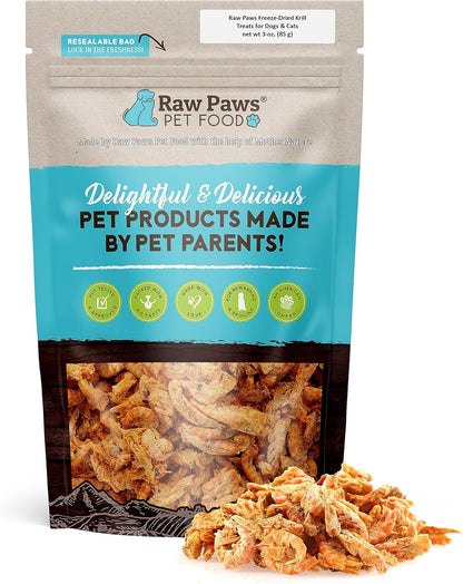 Raw Paws Freeze-Dried Krill Treats for Dogs & Cats (3-Ounce) - Naturally Contains Krill Oil for Dogs, Omega 3 - Freeze Dried Fish Food for Aquatic Fish, Turtles, & Reptiles