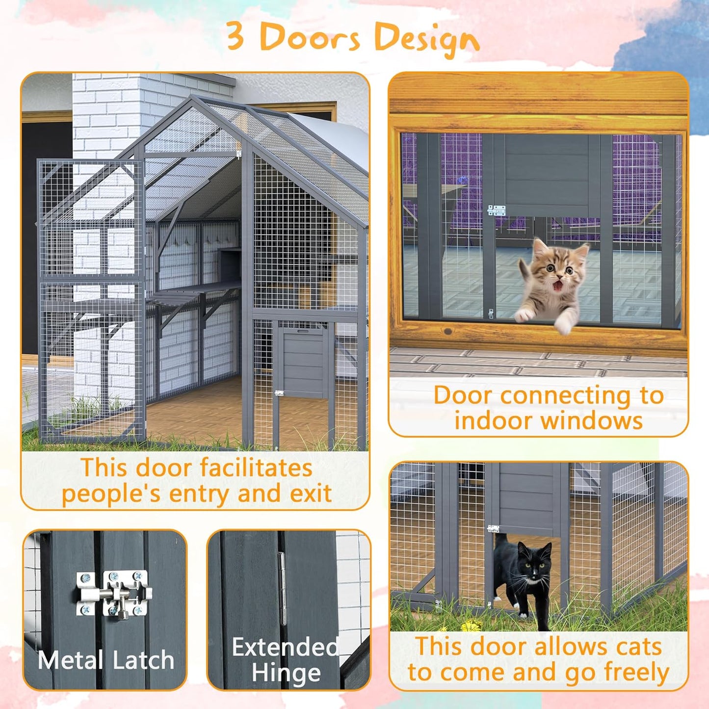 110" Wide Catio Enclosure,Wooden Outdoor Cat Catio - XL Walk-in w/60 Human Door, 2 Suspension Bridges & 5 Platforms | Weatherproof Oxford Roof & Safety Latches,(Gray)