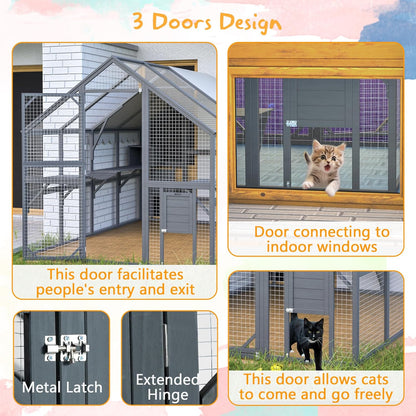 110" Wide Catio Enclosure,Wooden Outdoor Cat Catio - XL Walk-in w/60 Human Door, 2 Suspension Bridges & 5 Platforms | Weatherproof Oxford Roof & Safety Latches,(Gray)