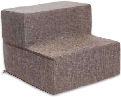 Best Pet Supplies Portable Foldable Foam Pet Stairs/Steps for Couch, Sofa, and High Bed, Non-Slip Bottom Balanced Paw Safe - Brown Linen, Foldable 2-Step (H: 12")