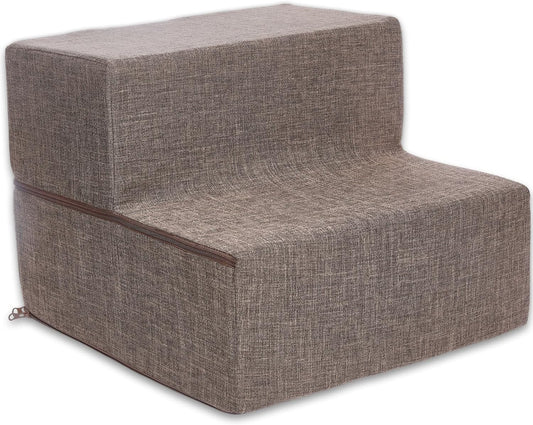 Best Pet Supplies Portable Foldable Foam Pet Stairs/Steps for Couch, Sofa, and High Bed, Non-Slip Bottom Balanced Paw Safe - Brown Linen, Foldable 2-Step (H: 12")