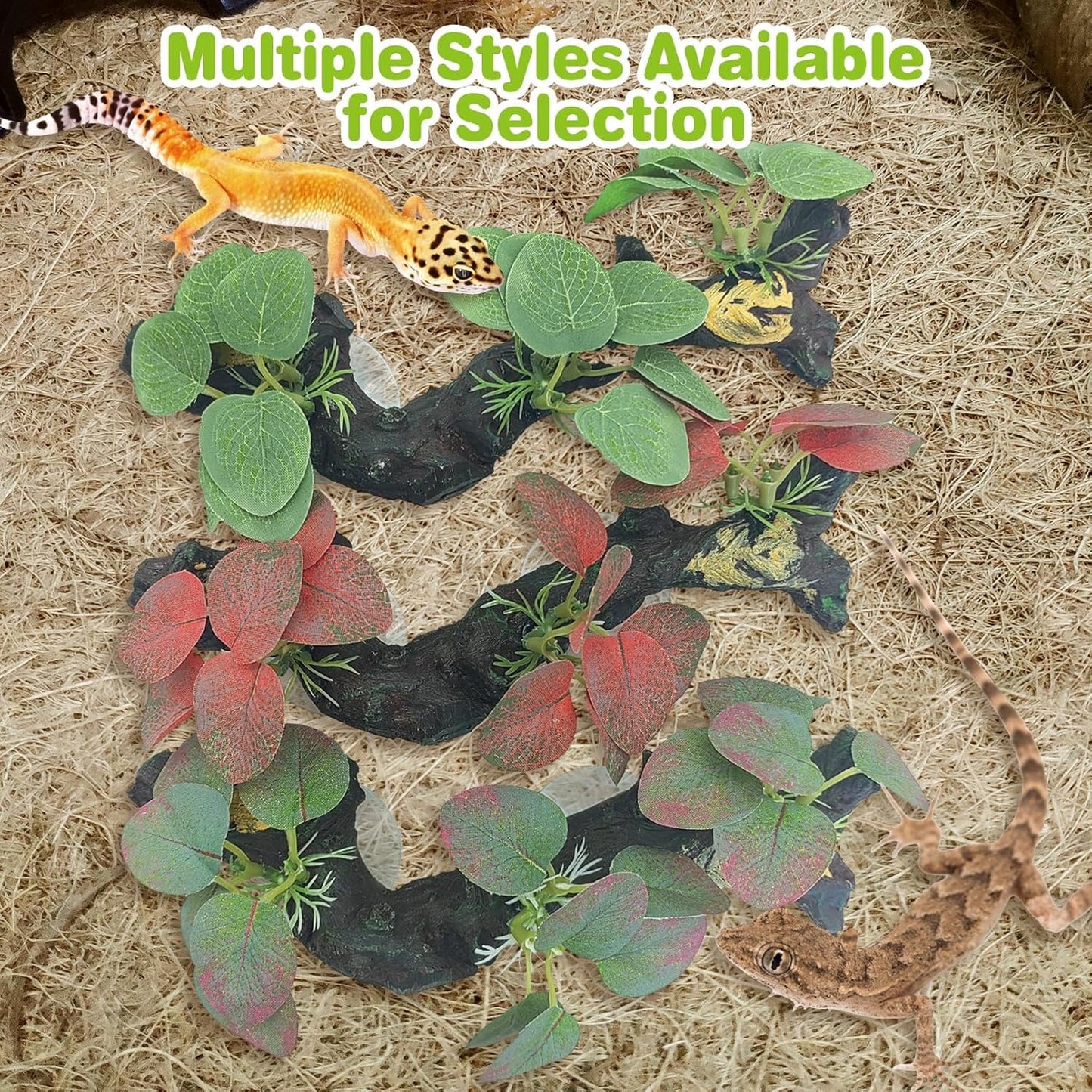 kathson 2 PCS Reptile Corner Branch Resin Snake Climbing Accessories with Leaves Terrarium Plant Decoration with Suction Cup for Frog Lizard Bearded Dragon Gecko Spider Climbing 7.8 x 3.1 x 1.4 inches