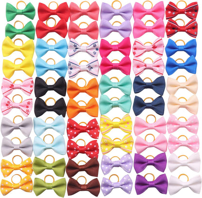 YAKA 60PCS (30 Paris) Cute Puppy Dog Small Bowknot Hair Bows with Rubber Bands Handmade Hair Accessories Bow Pet Grooming Products(Mix Colors)