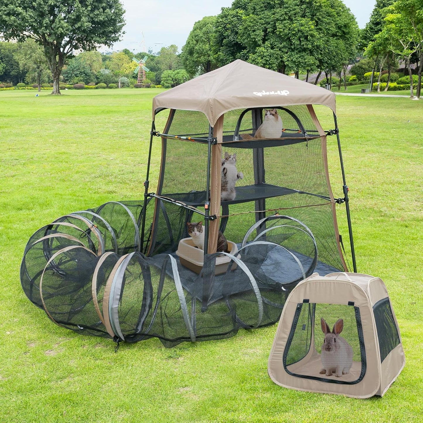 Catio Outdoor Cat Enclosure Combo for Indoor and Outdoor,3 Tier Cage Inside, Pop up Catio,Portable and Foldable(Includes one cat Tower Tent,one Tunnel and a cage) + cat Tunnel(2 Packs)