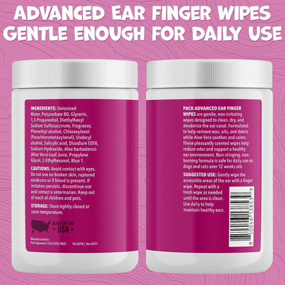 Advanced Pet Ear Finger Wipes for Dogs & Cats - Non-Irritating Pet Finger Wipes, Ear Cleaner for Dogs & Cats - Helps Reduce Wax Buildup, Debris, and Odor with Cucumber Melon Scent - 50ct