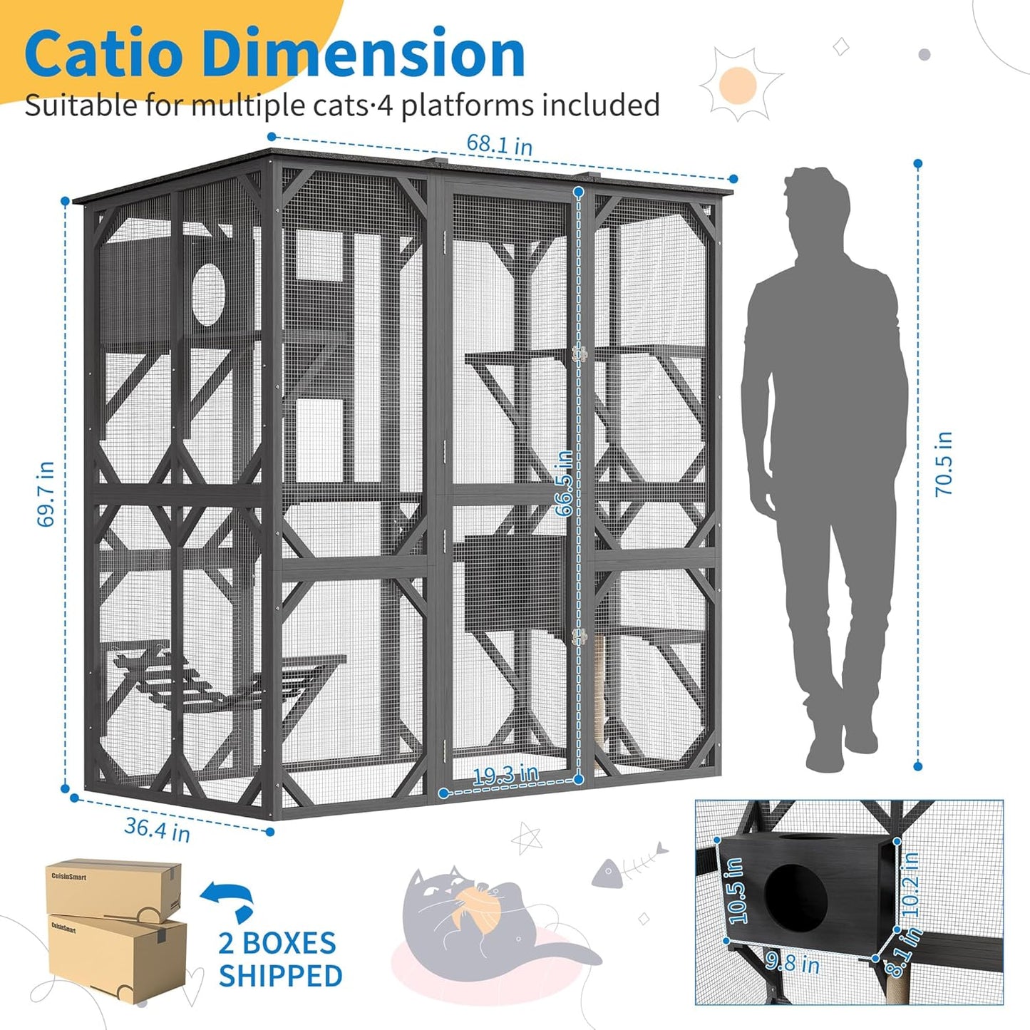 Large Walk-in Catio Outdoor, 70'' Wooden Window Access Cat Enclosure for Multiple Cats with Waterproof Roof, Feral Cat Shelter with Platforms, Hammock, Scratching Post and Rest Box Grey