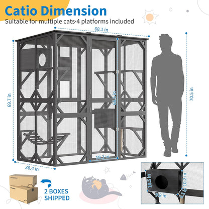 Large Walk-in Catio Outdoor, 70'' Wooden Window Access Cat Enclosure for Multiple Cats with Waterproof Roof, Feral Cat Shelter with Platforms, Hammock, Scratching Post and Rest Box Grey