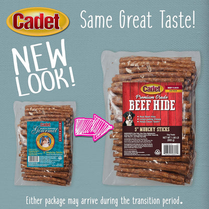 Cadet Premium Grade Beef Hide for Dogs, Long-Lasting Munchy Chew Sticks, Single-Ingredient Rawhide Dog Chews, 5-Inch, 100 Count