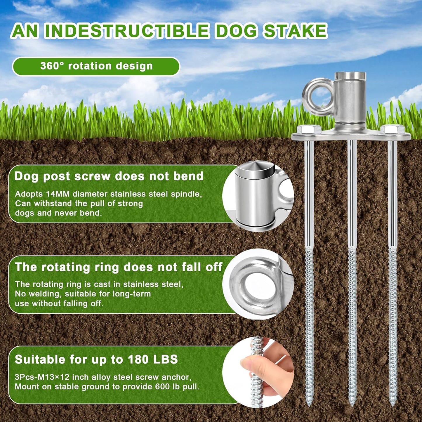 iklekione Dog Tie Out Stake, 360° Swivel Dog Stake-No Tangle,304 Stainless Steel Outdoor Anti-Rust Dog Run,for Large Dogs up to 220 lbs