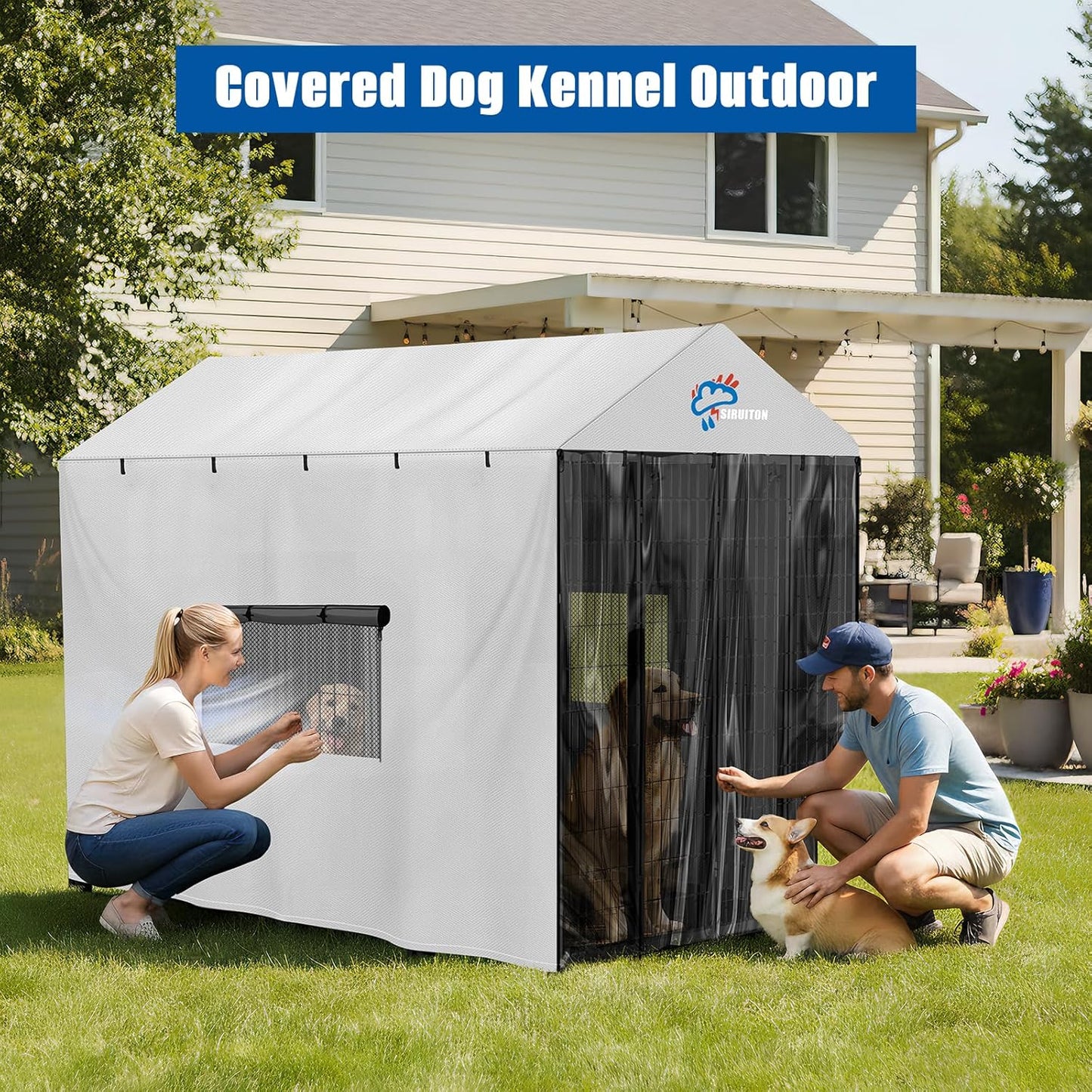 SIRUITON Outdoor Dog Kennel Cover,600D Full Coverage Waterproof Kennel Covers,With Transparent Film,Breathable Mesh Curtain & 4 Waterproof Zippers,Rain,Snowproof,Wind & Sun,8'Dx4.1'Wx6'H(Only Cover)