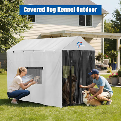 SIRUITON Outdoor Dog Kennel Cover,600D Full Coverage Waterproof Kennel Covers,With Transparent Film,Breathable Mesh Curtain & 4 Waterproof Zippers,Rain,Snowproof,Wind & Sun,8'Dx4.1'Wx6'H(Only Cover)