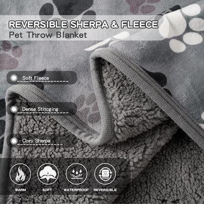 Waterproof Dog Blankets Pet Blanket, Soft Fluffy Sofa Car Bed Protector, Reversible Sherpa Fleece Dog Blanket for Large Dogs (Dark Grey-Paws, 50"x60")