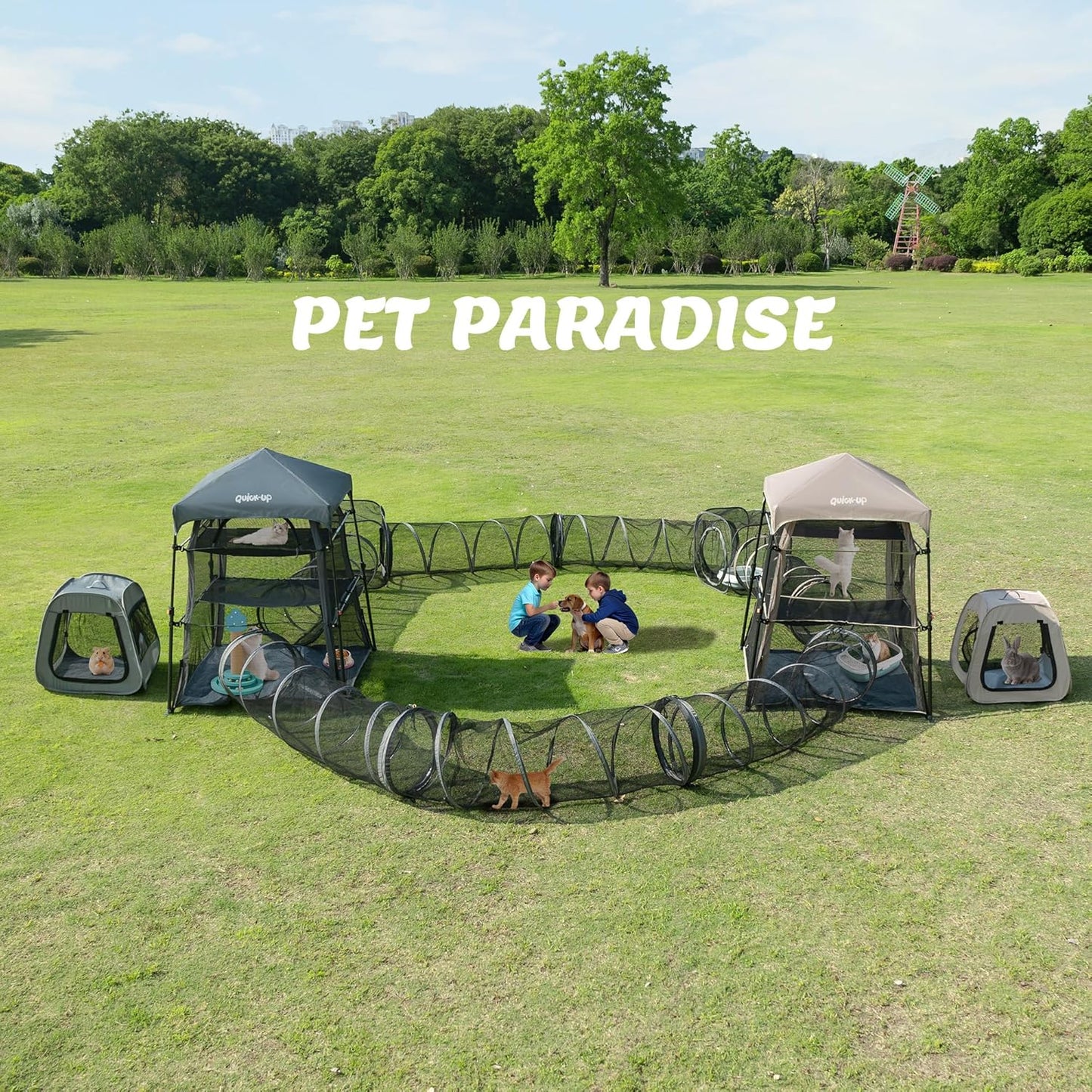 Catio Outdoor Cat Enclosure Combo for Indoor and Outdoor,3 Tier Cage Inside,Pop up Catio,Portable and Foldable(Includes cat Tower Tent, Tunnel and cage) Plus 2 cat Tunnel +1 Cube