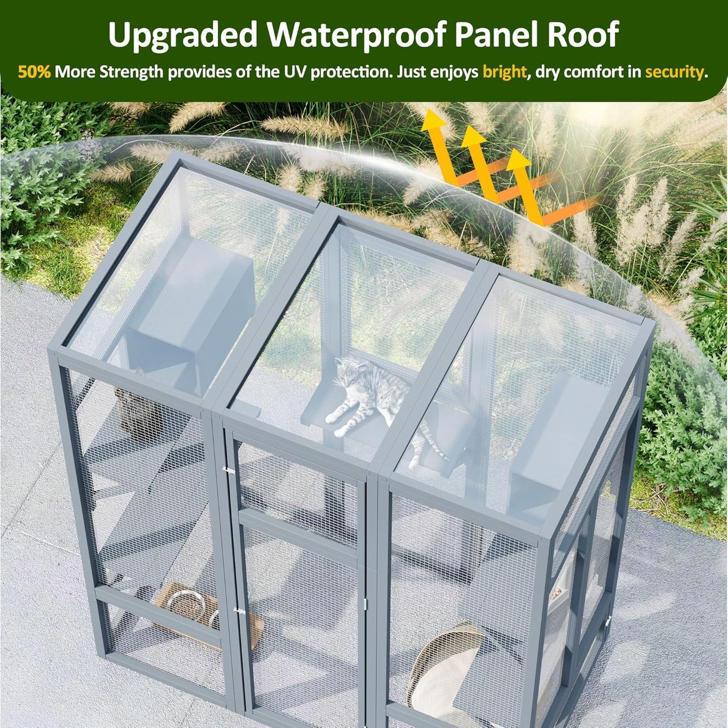 70 Inch Catio Outdoor Cat Enclosure, Large Cat House for Outdoor Cats with Enhanced Security Structure, Outside Cat Patio Cattery Weatherproof for Multiple Indoor Outdoor Cats, Grey