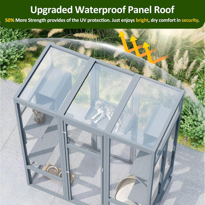 70 Inch Catio Outdoor Cat Enclosure, Large Cat House for Outdoor Cats with Enhanced Security Structure, Outside Cat Patio Cattery Weatherproof for Multiple Indoor Outdoor Cats, Grey