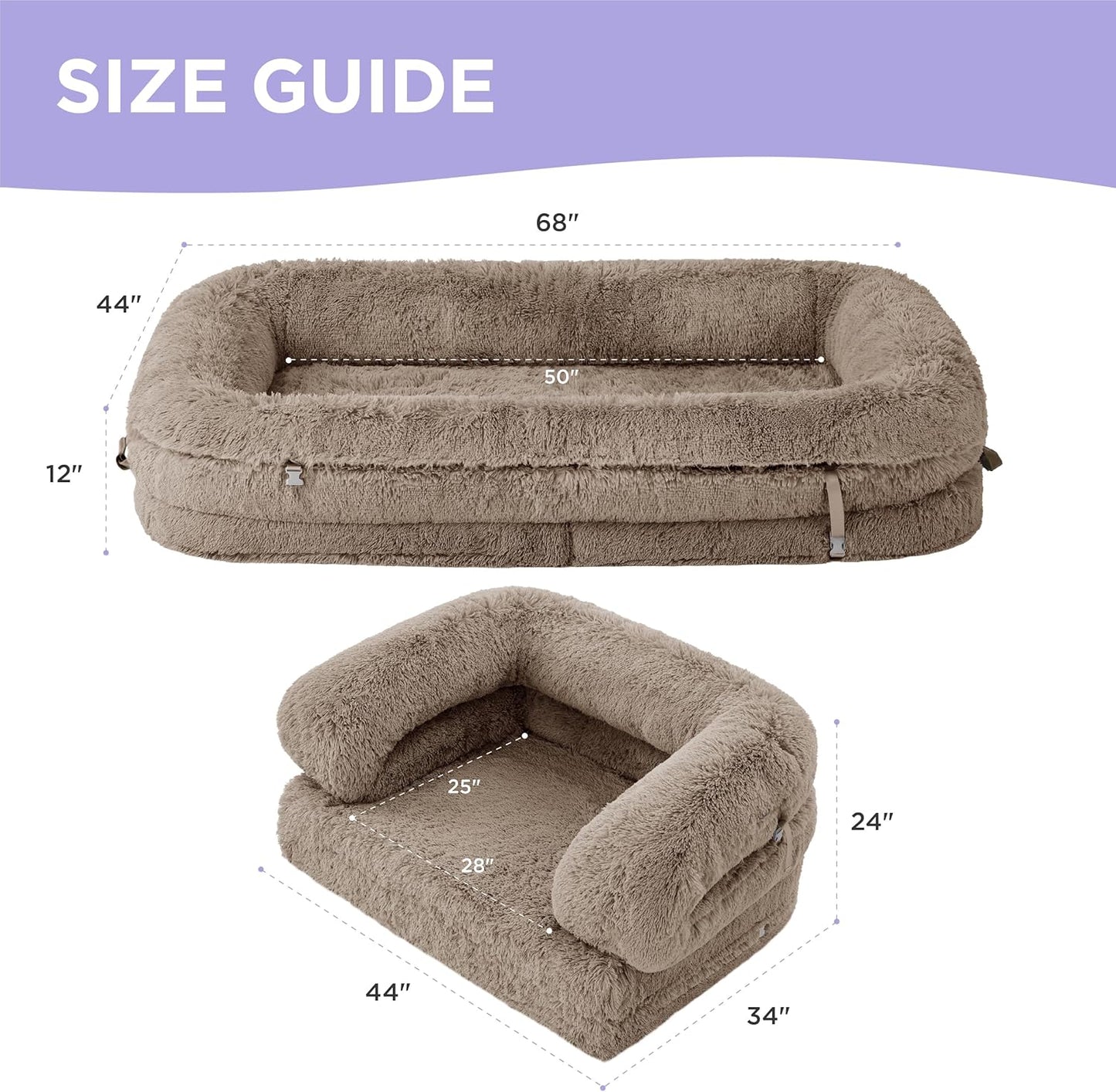 LE SURE Foldable Human Dog Bed 3 in 1 Taupe 68" with Bedsure Waterproof Dog Blankets for Large Dogs 60"x80", Brown