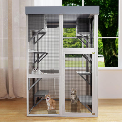 Outdoor Wooden Catio Cat House,Large Cat Enclosure with 6 Platforms,2 Napping Houses & Removable Waterproof Roof,Solid Wood Playpen Cage for Multiple Cats,Secure & Walk-in Design,70.5" H Gray