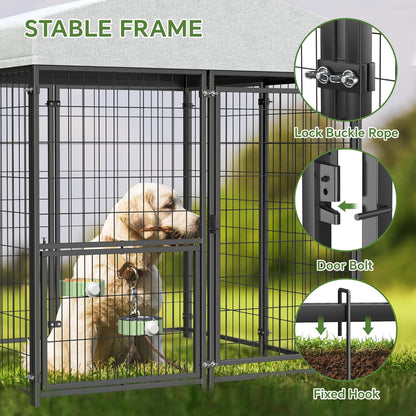 Mr IRONSTONE Large Dog Kennel Outdoor with Water-Resistant Roof Heavy Duty Outside Dog Kennel Pet Pens Dogs Run Enclosure with Rotating Feeder and Secure Lock (4'L x 4'W x 4.4'H)