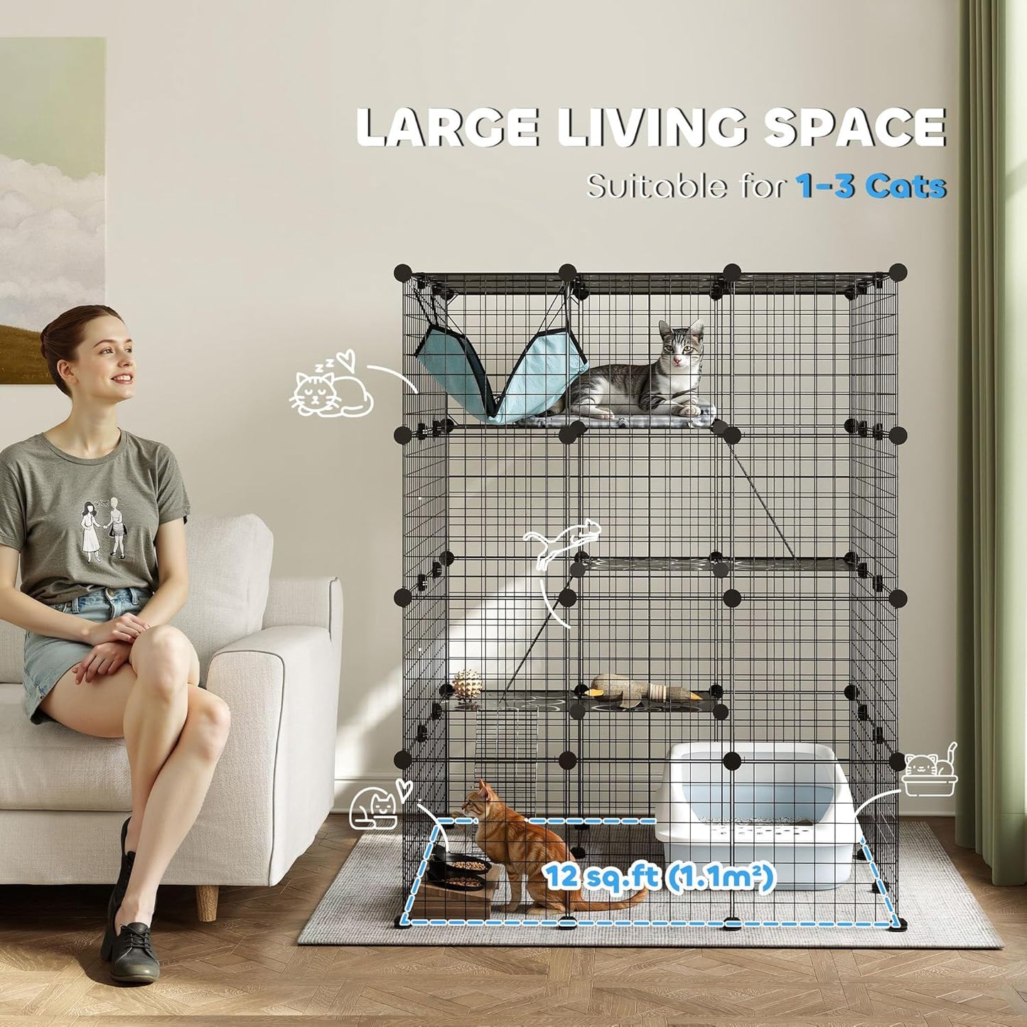 PawHut Cat Cage Indoor, DIY 4 Tier Cat Enclosure with Hammock, 3 x 3 x 4 Detachable Wire Cat Kennel with Ramps, Jumping Platforms, Doors, for 1-3 Cats, 41" L x 41" W x 55" H, Black