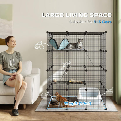 PawHut Cat Cage Indoor, DIY 4 Tier Cat Enclosure with Hammock, 3 x 3 x 4 Detachable Wire Cat Kennel with Ramps, Jumping Platforms, Doors, for 1-3 Cats, 41" L x 41" W x 55" H, Black