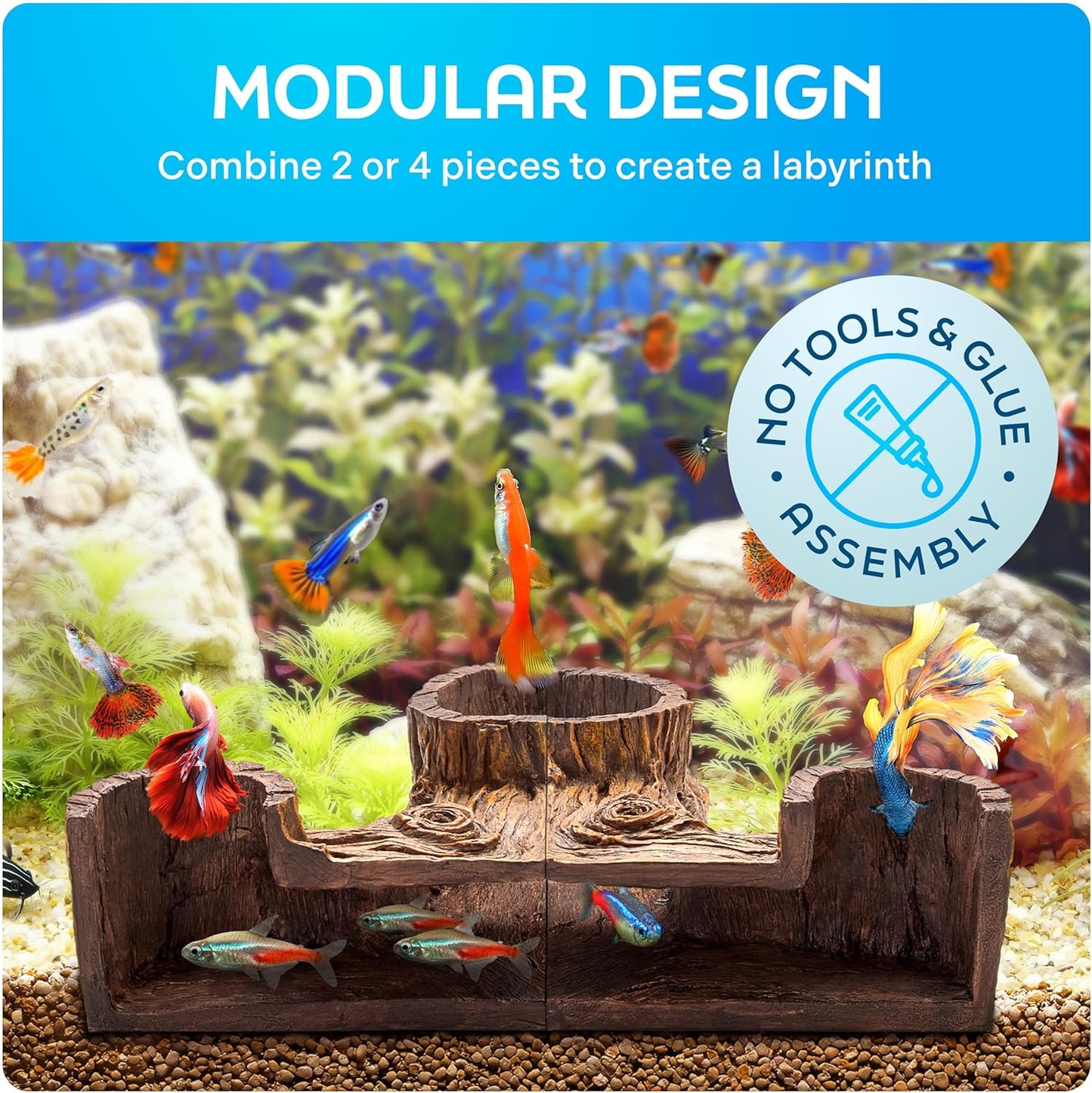 FISHNOSH Aquarium Cave | Natural-Looking Wood-Like BPA-Free Fish Tank Cave for Corners | 5.1” x 2” x 2.7” Fish Hideout for Aquarium | Guppy, Neon Tetra, Corydoras Catfish, Betta Hide | Tank Decor