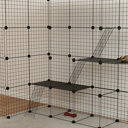 PawHut Cat Cage, 4 x 4 x 4 DIY 4 Tier Cat Enclosure, Detachable Wire Indoor Catio with Hammock, Jumping Platforms, Ramps, Doors, for 1-3 Kittens, 55" L x 55" W x 55" H, Black