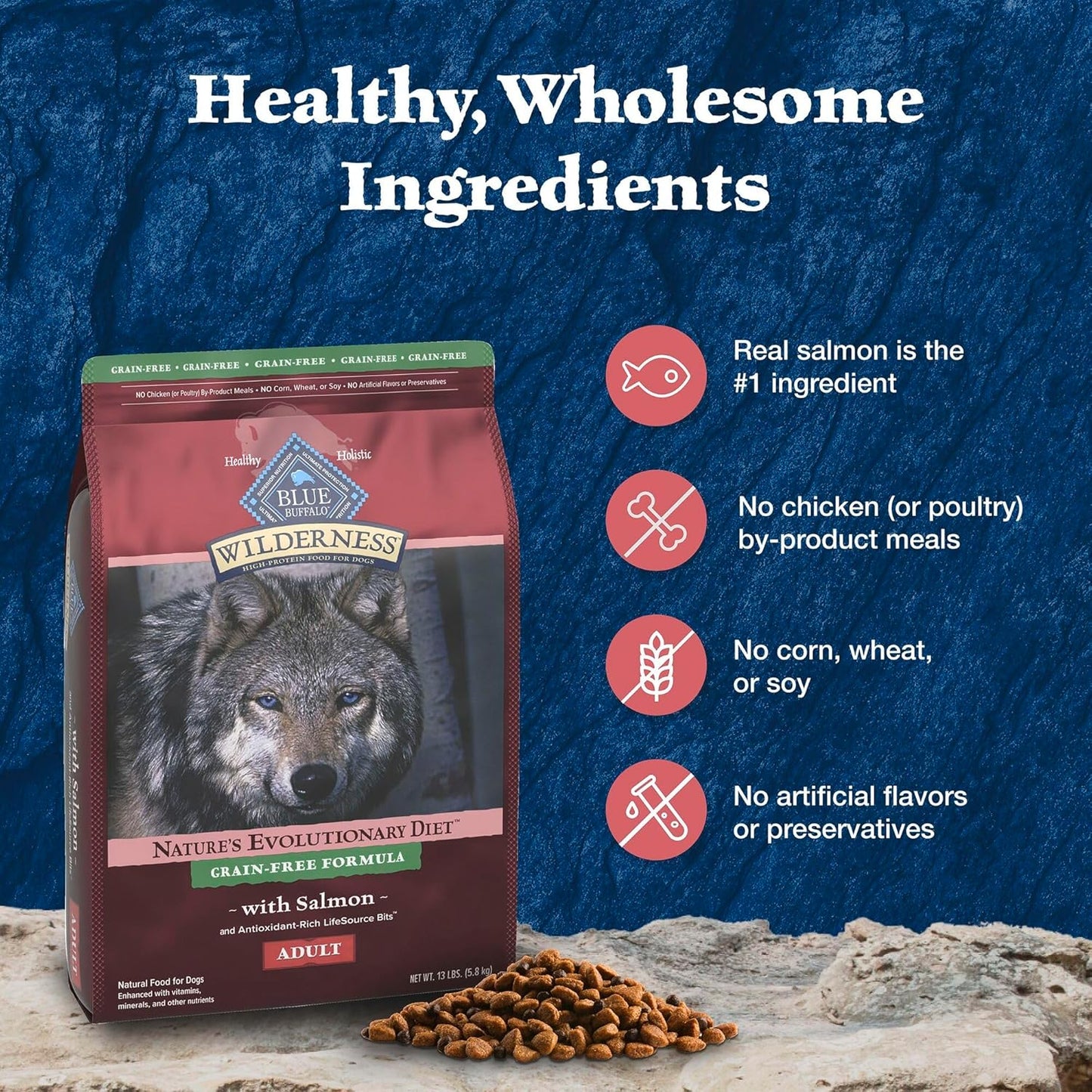 Blue Buffalo Wilderness Adult High-Protein Dry Dog Food with Real Salmon, Grain-Free, Made in The USA with Natural Ingredients, Salmon, 13-lb. Bag