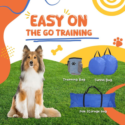 Agility Training Equipment for Dogs,Dog Agility Equipment for Backyard&Indoor Training-Professional Backyard Course with Adjustable Jumps,Collapsible Tunnel,Storage Bags&Toys (Blue, 13 PCS SET)