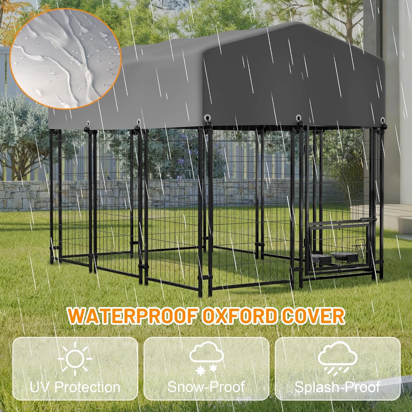 Dog Crate Furniture, Dogs Cage House Kennel - 4.23'x5.82'x4.83' Welded Wire Enclosure, Heavy Duty Dog Crate with UV-Resistant Waterproof Cover, Double Lock & Rotating Feeder,1.8x1.3x1.5mGrey-Met