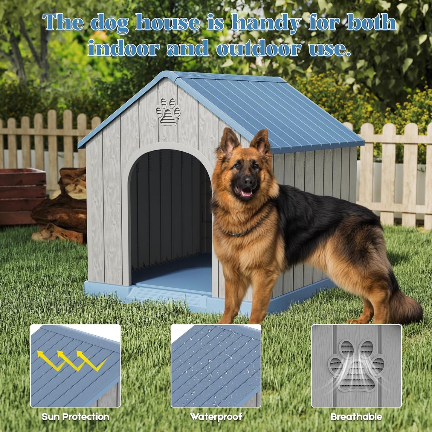 Fancyango Large Dog House Outdoor Indoor for Medium Large Dogs, Sturdy Plastic Waterproof Doghouse with Air Vents and Elevated Floor, Easy Clean and Assemble (Blue, 36.2''L×38''W×38''H)