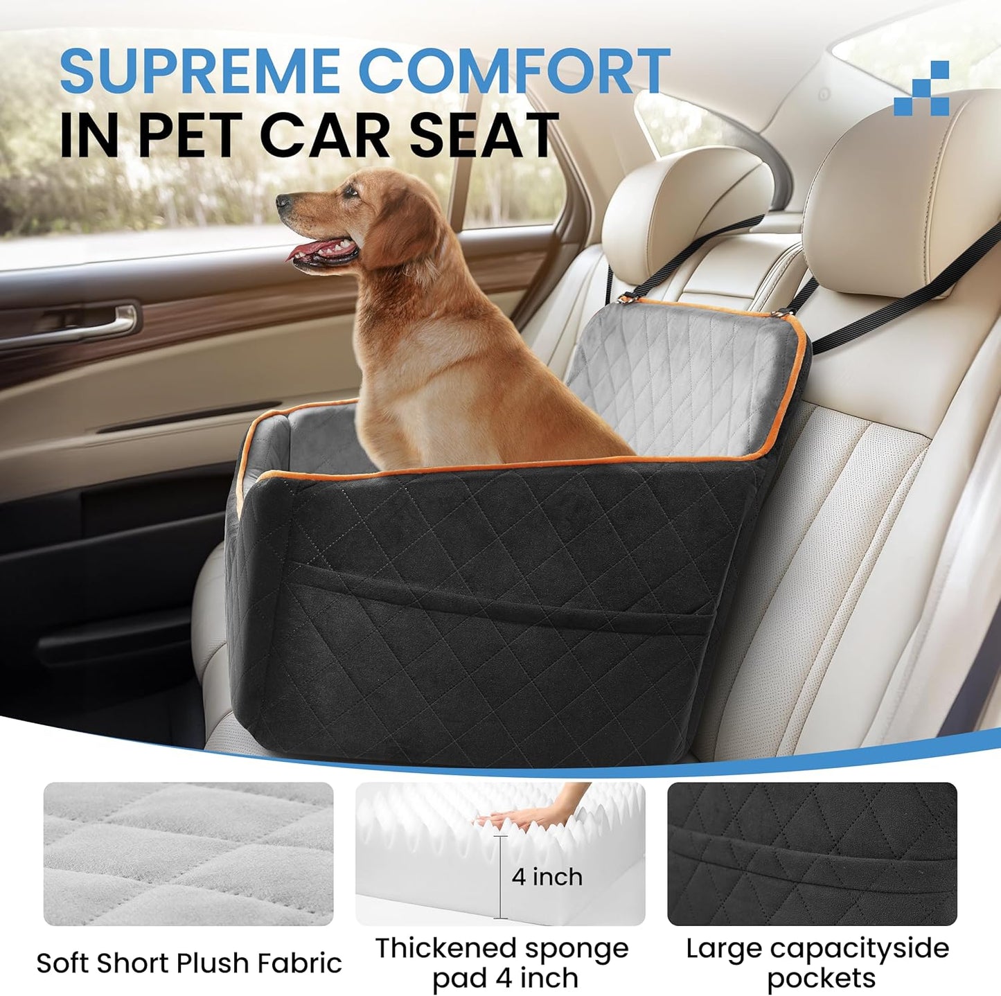 Dog Car Seat for Medium Dogs - Pet Car Seat with 2 Safety Straps & Waterproof Padding, Portable Pet Carrier for Cars, Trucks & SUVs, Comfortable Booster Bed for Pets Up to 55lbs (Black/Grey)