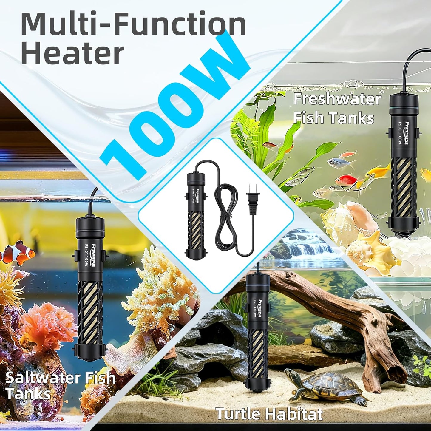 FREESEA Aquarium Heater for Fish Tank: 100W Small Submersible Thermostat with Off-Water Protection & UL Certified Cord for 10-20 Gallon Fish Turtle Tanks Enthusiasts