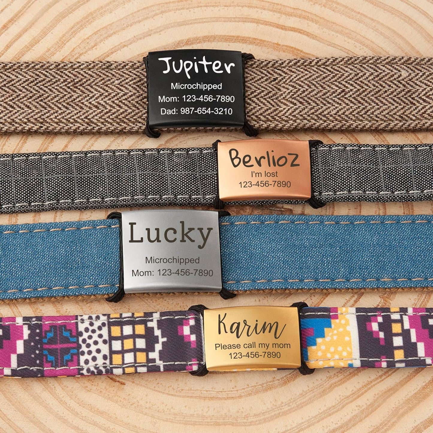 Anavia Slide On Silent Pet ID Tags, S/M/L/XL Personalized Stainless Steel Cat Dog Tag with Elastic Fabric Band, Engraved Nameplate Quiet Chew-Proof Pet Collar Tag (Gold, Large)