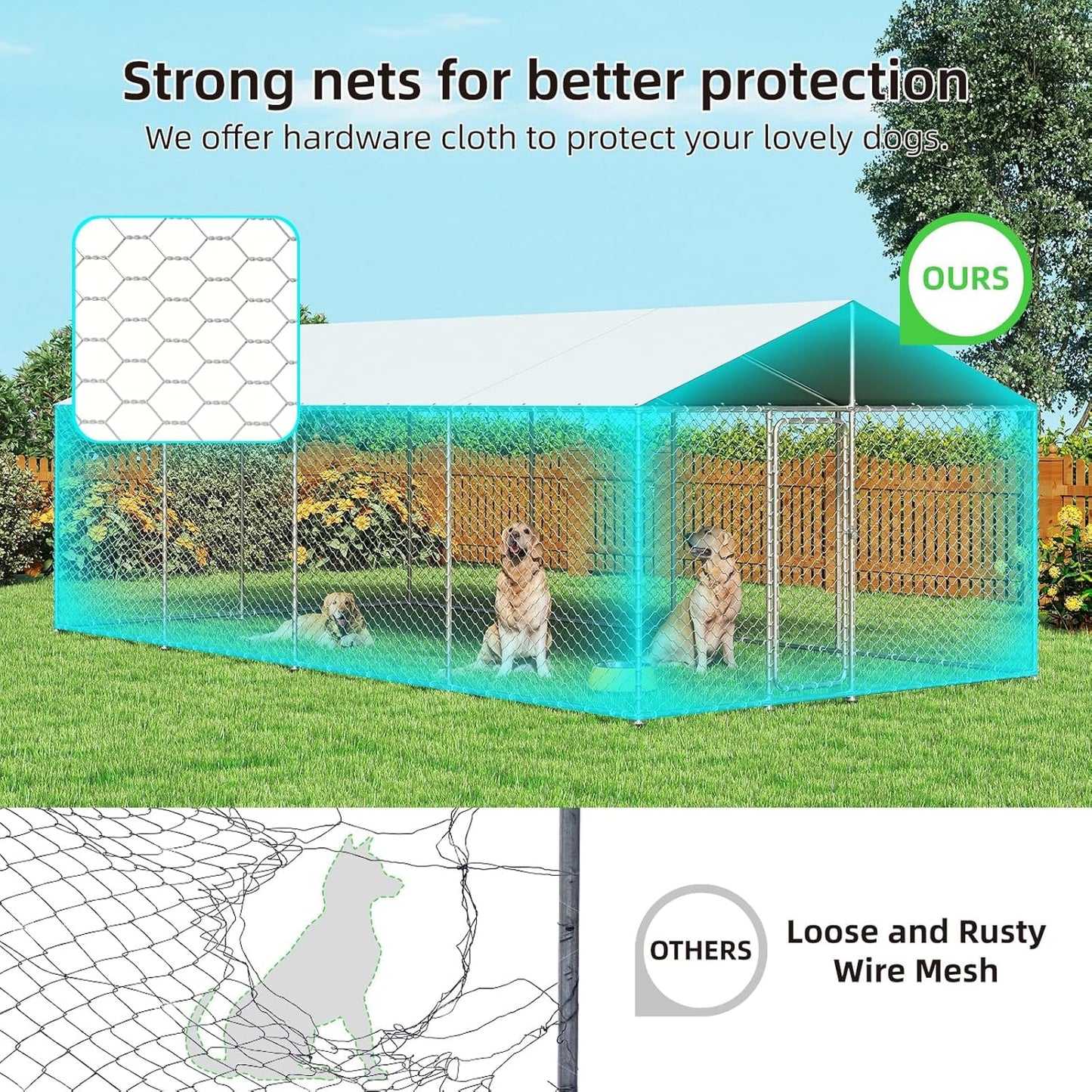 20x10 FT Outdoor Dog Kennel Outside with Metal Large Dog Gate, Outdoor Dog Pens with Roof, Heavy Duty Dog Enclosures for Backyard Farm Use (240x120x84)