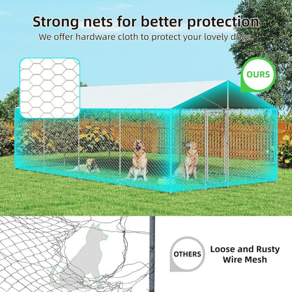 20x10 FT Outdoor Dog Kennel Outside with Metal Large Dog Gate, Outdoor Dog Pens with Roof, Heavy Duty Dog Enclosures for Backyard Farm Use (240x120x84)