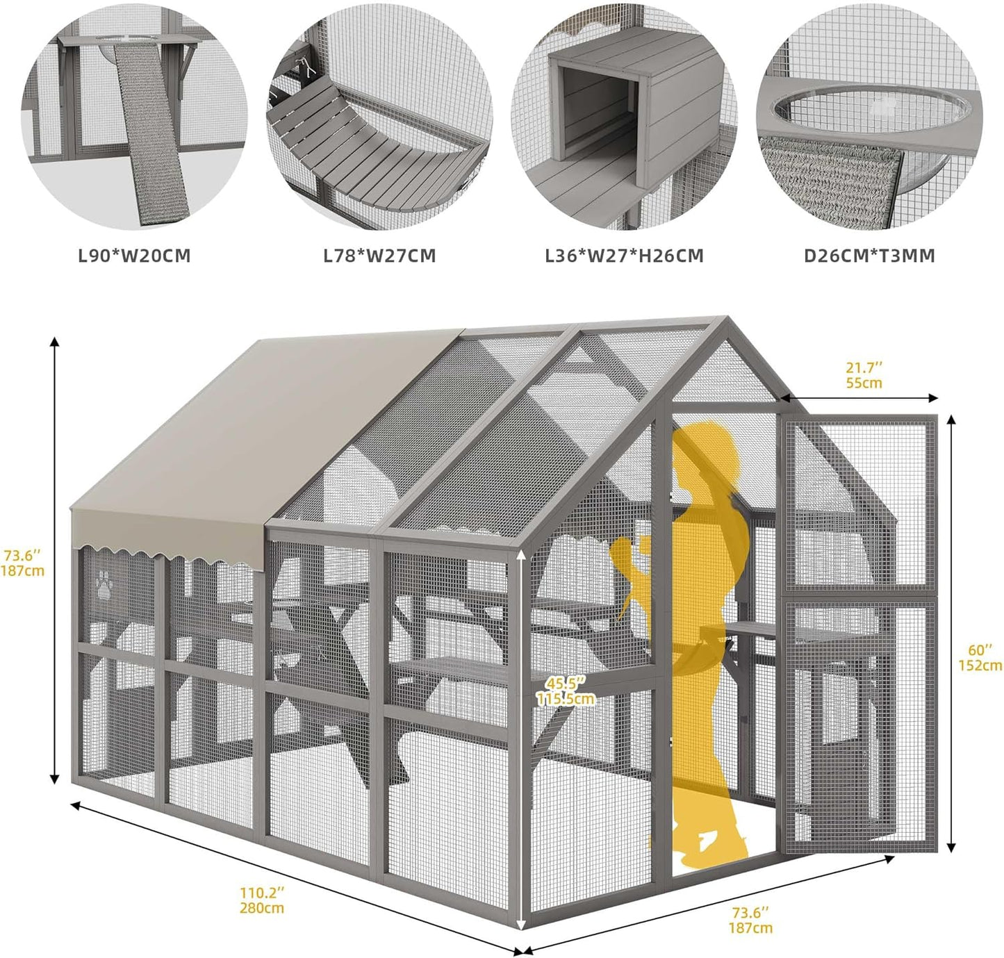 DWVO Extra Large Catio Outdoor Cat Enclosure, 110 inch Outside Cattery with Weatherproof Roof, Cat Scratcher Ramp, Cat Space Capsule Bed, 2 Bridges, 2 Resting Houses, 7 Platforms