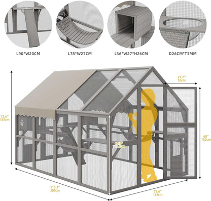 DWVO Extra Large Catio Outdoor Cat Enclosure, 110 inch Outside Cattery with Weatherproof Roof, Cat Scratcher Ramp, Cat Space Capsule Bed, 2 Bridges, 2 Resting Houses, 7 Platforms